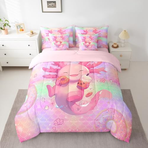 Feelyou Kids Cute Axolotl Comforter Set with Sheets Twin Size, Cartoon Salamander 7 Pieces Bedding Set Boys Girls Kawaii Ocean Sealife Bed in A Bag Rainbow Teens Bed Set Bedroom Decor 7Pcs