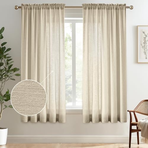 "Melodieux Tan Semi Sheer Curtains 72 Inches Long for Bedroom, Living Room Farmhouse Linen Look Shiny Sheer Drapes, Rod Pocket Light Filtering Sheer Curtains, 52"" W x 72"" L, 2 Panels"