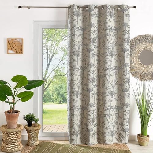 Exotic Jacquard Curtain with Palm Tree Design 140 x 260 cm Linen Colour Eyelet Ready to Hang