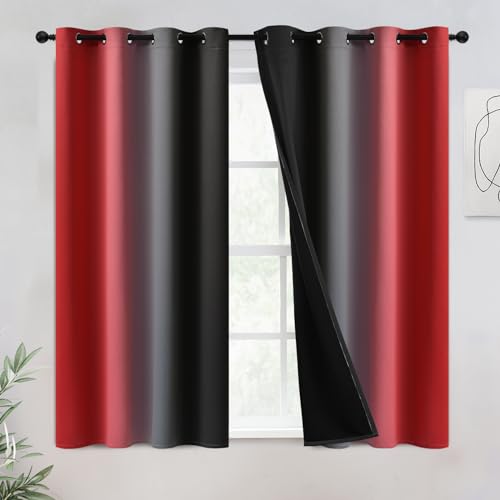 COSVIYA 100% Blackout Curtains & Drapes Black Red Curtains 54 inch Length 2 Panels,Full Room Darkening Grommet Gradient Insulated Thermal Window Curtains for Bedroom/Living Room,52x54 inches