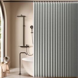 "Jubilantex Folding Linen Shower Curtain for Bathroom Grey Waterproof Shower Curtain 1 Panel with 14 Metal Grommets and 1 Tie Back for Hotel,70""x70"""