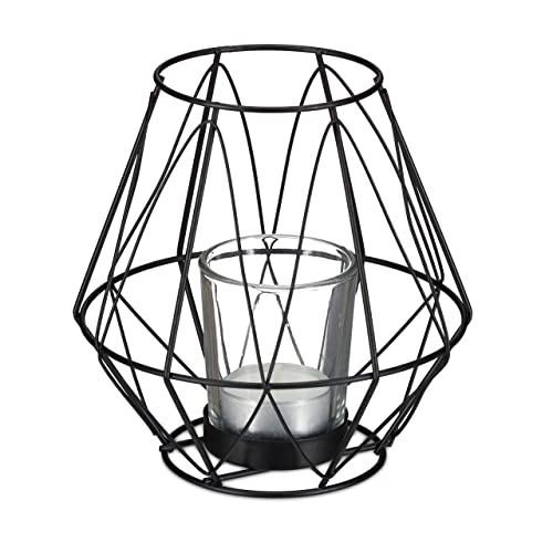 Relaxdays Tealight Holder, Geometric Design, with Votive Candle Glass, Metal, H x Diam. 14 x 14 cm, Black