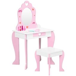 ZONEKIZ Kids Dressing Table with Mirror and Stool, Vanity Set w/Love Heart and Bow Design, Girl Makeup Desk w/Drawer, for Ages 3-6 Years - Pink