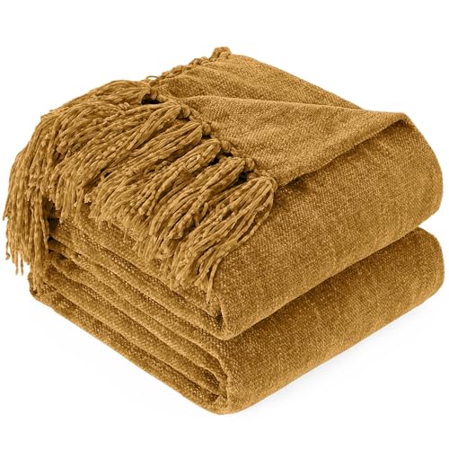"GINAMUSE Chenille Throw Blanket for Couch - Soft Knit Blankets 50""X60"" - Cozy Warm Lightweight Boho Decorative Knitted Blankets with Tassels for Bed and Sofa,Yellow"