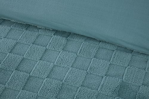 Rapport Home Luxury Check Textured Teddy Fleece Duvet Cover Set - King Size, Duck Egg - Ultra Soft & Cosy Winter Bedding - Includes Matching Pillowcases