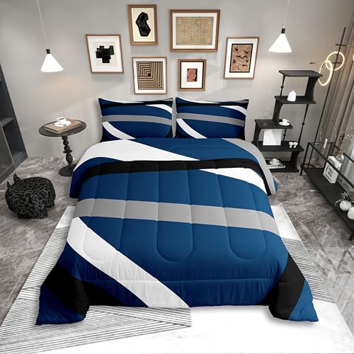 Erosebridal Blue Gray Black Striped King Bedding Set Modern Abstract Comforter Set for Adult Women Men Geometric Lines Bed Collections Geometry Aesthetic Boho Duvet Quilt Sets