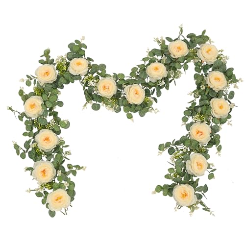 Dolicer 2Pcs 13Ft Artificial Eucalyptus Garlands with Flowers, Faux Floral Greenery Garlands Fake Flowers Vines for Wedding Centerpieces Arch Party Ceremony Backdrop Decor (Champagne)