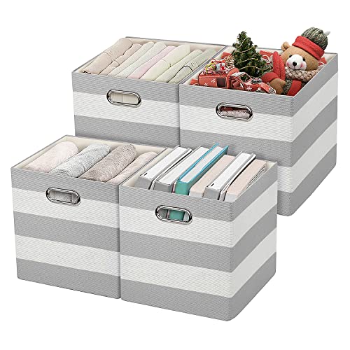 Posprica 3X Thicker Storage Bins Storage Cubes,11??11 Collapsible Storage Boxes Containers Organizer Baskets for Nursery,Office,Closet,Shelf - 4pcs, Grey-white Striped
