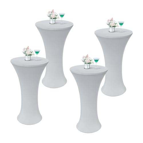 Wolkemer 4PCS 24x43 Inch Fitted Cocktail Tablecloth, Cocktail Table Cover - Silver Round Cocktail Table Cloth, Highboy Stretch Spandex Table Cover for Bar Party Pub Wedding Banquet Indoor Outdoor