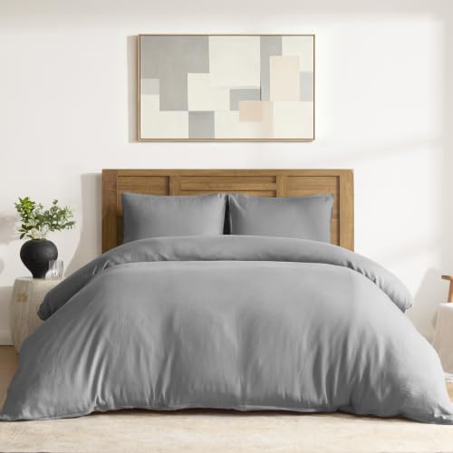DAPU 100% Linen Duvet Cover Set - Pure Natural French Flax Linen with Corner Ties and Zipper Closure Soft Breathable Durable for Hot Sleepers 1 Duvet Cover 2 Pillowcases (Earl Gray, Queen/Full)