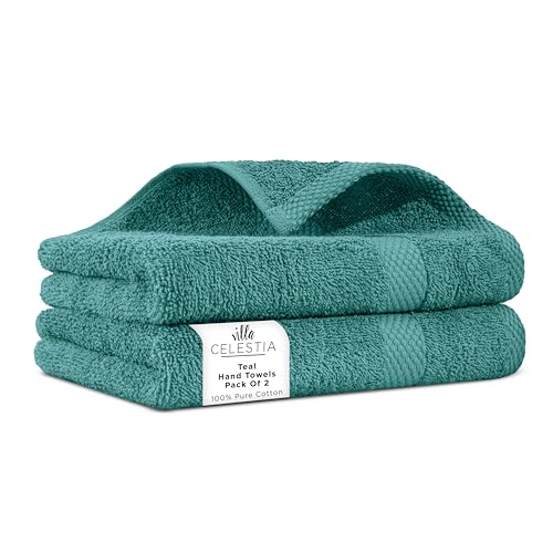 Villa Celestia 100% Cotton Hand Towel Set of 2, (16 x 28 inches) Sustainable, Soft, Highly Absorbent, Quick Drying, Combed Cotton Hand Towels Pack of 2 Ideal for Hotels, Spa, Bathroom, Dorm, Teal