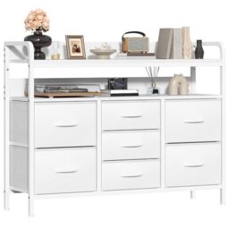 GoaHi Chest of Drawers Bedroom, 7 Fabric Drawers with 2 Layers Shelf, Storage Organizer Unit for Bedroom Living Room Closet, Sturdy Steel Frame & Wooden Top, Fabric Dresser, White