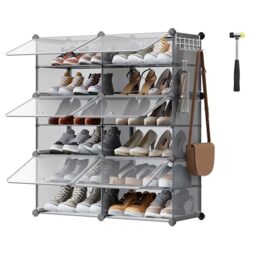 SONGMICS Interlocking Shoe Rack, Plastic Shoe Storage Cabinet, 6-Slot Modular Storage Organiser Unit, 30 x 40 x 30 cm for Each Slot, with Doors, Steel Frame, Plastic Panels, Slate Grey LPC033G01