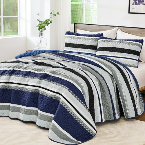 "WONGS BEDDING Quilts King Size, Navy Blue Quilt Bedspread Bedding Set, Summer King Coverlet Sets with Shams, 3 Pieces Lightweight Striped Quilt for Bed(110""x 90"")"