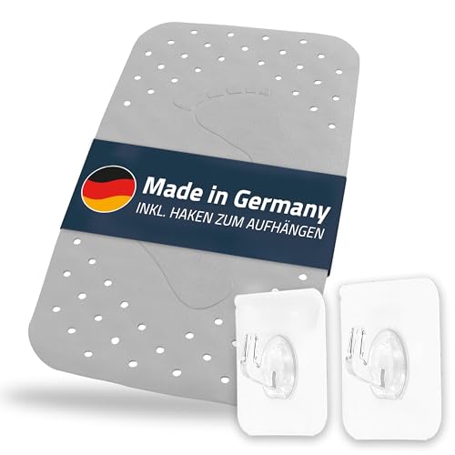 Step Bath Mat Approx. 38 x 72 cm, Grey, 100% TPE - Includes 2 Hooks - Free from PVC, Phthalates, Lead, Latex - TÜV Tested - Made in Germany