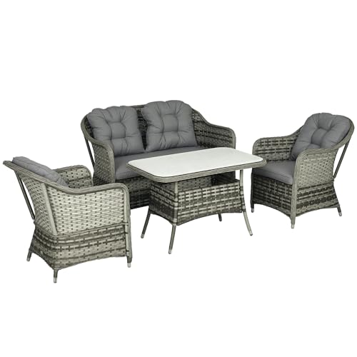 Outsunny 4 Pieces Rattan Garden Furniture Set, Round Wicker Garden Sofa Set with Loveseat, Armchairs and Glass Top Table, Outdoor Conservatory Furniture with Cushions for Patio, Balcony, Grey