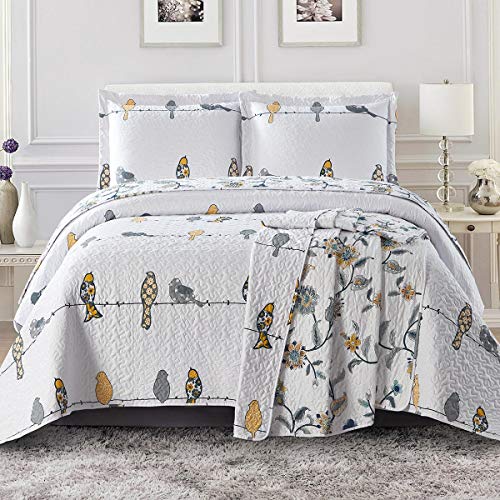 Royal Hotel Bedding Ayat Birds Oversized Coverlet Set, Luxury Printed Design Quilt, Bedspread Set - Filled Quilts - Fits Pillow top Mattresses - 3PC Set - King/Cal King Size