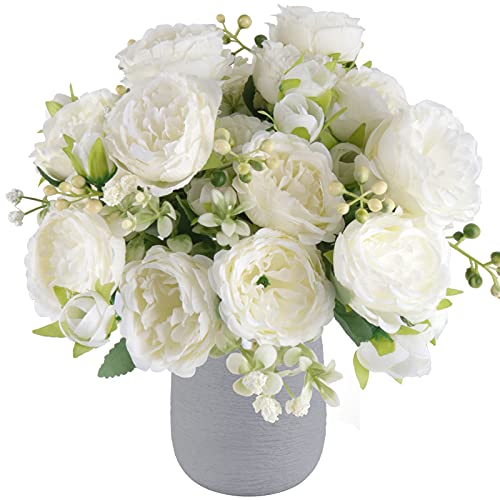 Artificial Peonies Silk Flowers, White Faux Peony Bouquet 4 Bundles Florals Arrangements Decor for Farmhouse Home Boho Wedding Table Centerpiece, Fake Plastic Flowers Bulk for Vase Decoration (White)