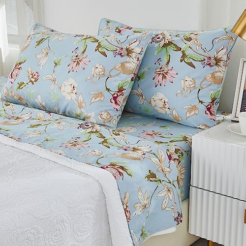 Brandream Floral Bedding Botanical Flower Farmhouse Queen Size Sheets Set Luxury Bedding Collections 800 Thread Count 100% Egyptian Cotton Deep Pocket, 4 Piece Blue