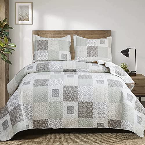 Ycosy Quilt Set King Size Floral Bedspread Coverlet Plaid Patchwork Quilt Bedding Morden Lightweight Bedspread Reversible Home Quilts Grey Floral Bed Cover Set White Beige Plaid Quilt