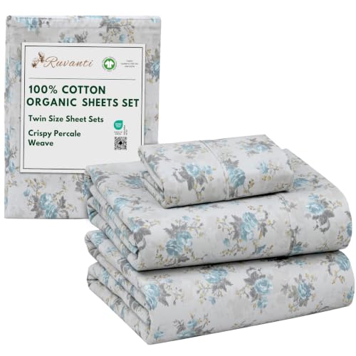 "Ruvanti 100% Organic Cotton Sheets - Twin Sheet Set - 3 Piece Percale Weave Bedding, Crisp, Cooling & Breathable, Soft & Durable, 16"" Deep Pocket, Hotel Quality S??banas - Blue Rose"