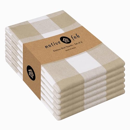 Native Fab 6 Pack Buffalo Check Kitchen Towels16 x26 - Cotton Dish Towels Washable - Absorbent Tea Towels, Soft Hand Towel with Hanging Loop, Dish Cloth Set - Beige White