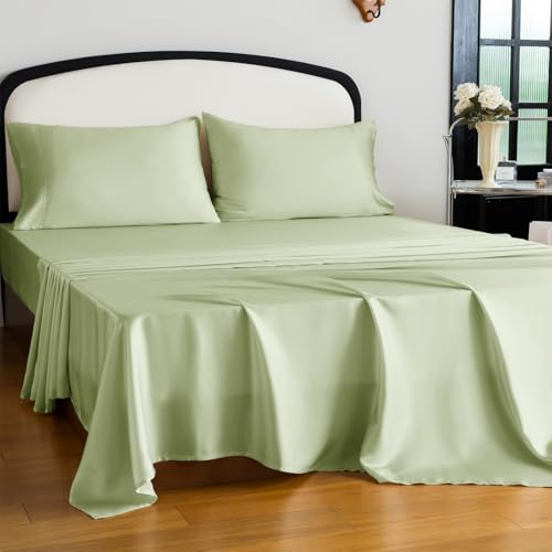 "Homilay Tencel Lyocell 4 Pieces Queen Sheet Set, Silky Soft, Cooling & Wrinkle-Free - Oeko-TEX Certified - Deep Pocket Fits 16"" Mattress, Sage Green"