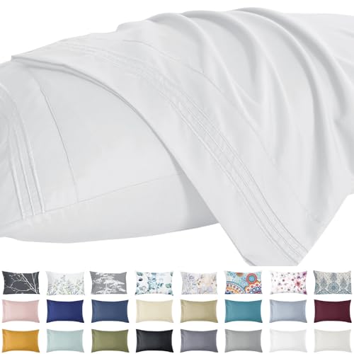 YIYEA Pillow Cases Queen Size Set of 2, 1800TC Double Brushed Microfiber Pillowcases, Hotel Luxury Embroidered Bed Pillow Covers, Extra Soft, Fade Resistant, Easy Slip-On (20x30, White)