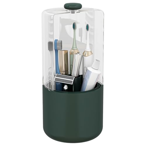 YOOLENS Toothbrush Holder with Cover 360 Rotating 4 Compartments Bathroom Toothpaste Electric Toothbrush Organizer, Dark Green
