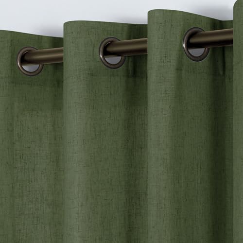 KOUFALL Green Curtains 96 Inches Long,Antique Gold Grommet Top Sheer Linen 70s Retro Curtains for Living Room Bedroom 2 Panels Set,Dark Olive