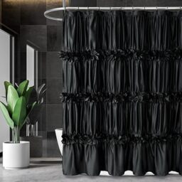 "Homechoice Decor Black Ruffle Shower Curtain, Vintage Handcrafted Bow Tie Bath Curtain for Master Bathroom, Ruched Satin Bathroom Curtain with 12 Buttonholes, 72"" W x 72"" H (LQ-10)"