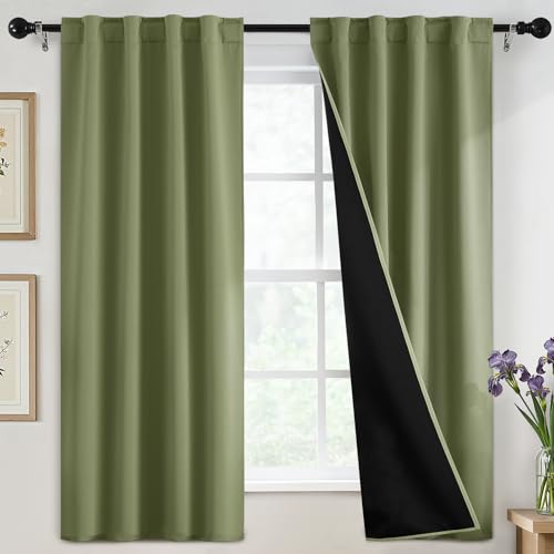 SimpleHome 100% Blackout Curtains for Bedroom,63 Inch Curtains for Living Room Rod Pocket and Back Tab Window Drapes Room Darkening Sage Curtain with Black Back,40 x 63 Inch,2 Panels