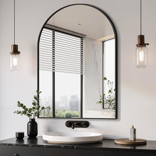 "Delma Arched Bathroom Mirror, 26""x38"" Wall Mounted Vanity Mirror for Bedroom, Living Room and Entryway, Black"