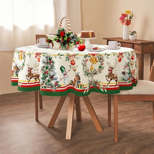 Yighty Round Christmas Tablecloth, 60 x 60in, Elk Holiday Decoration, Polyester Waterproof and Wrinkle-Resistant Durable for Kitchen, Winter and Home Decor