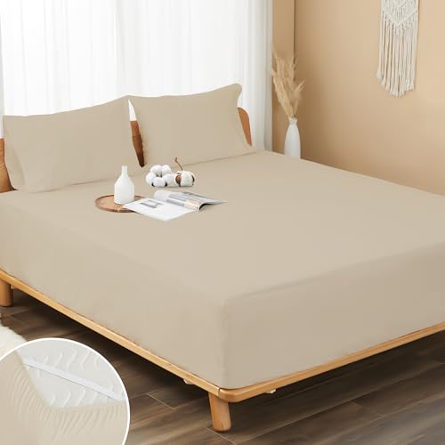 "100% Cotton Percale Fitted Sheet California King Size, 8-15"" Deep Pocket Cooling Bottom Sheet, Breathable Soft & Crisp Fitted Sheet Only with 4 Corner Straps (Cal King, Light Brown)"