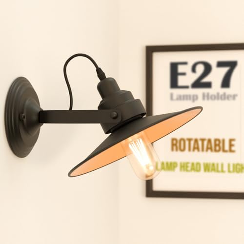 Industrial Wall Light Black Gold Inner E27 Flat Shade, Adjustable Wall Mounted Sconce for Bedroom, Reading Room, Kitchen Desk Picture Decorative Fixture