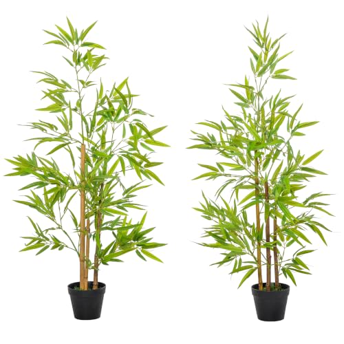 Outsunny 120cm/4FT Artificial Bamboo Trees Heavy Pot Indoor Style Set of 2 - Decorative Plant, Home Office, Greenery Decoration