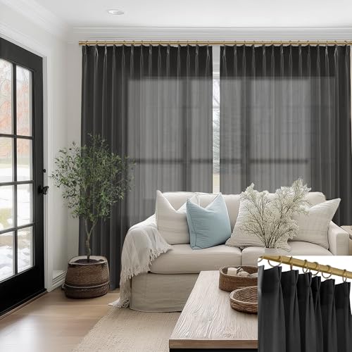 SHINELAND 108 Inches Long Pinch Pleated Semi Sheer Curtains with Hooks,Black,Set 2 Panels