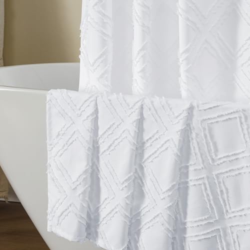"OWENIE Extra Long 96 Inch White Shower Curtains, Boho Fabric Shower Curtain Grommet Top With 12 Hooks, Elegant Modern Jacquard Geometric Design Textured Shower Curtain for Bathroom, White, 72""W x 96""L"
