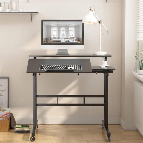 GarveeLife Height Adjustable Standing Desk – 2-Tier Mobile Workstation with Tilting Table Top, Rolling Laptop & Computer Table 60x60 cm, Compact Perch Stand Desk for Home Office, Bedroom – Black