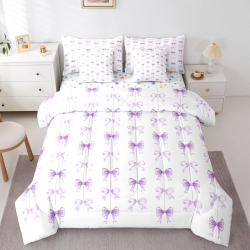 Erosebridal Purple Bow Tie Full Bedding Set 7 Piece for Girls - Purple Coquette Bows Comforter Set with Sheets for Kids Women, Princess Ribbon Bow Bed in a Bag, Cute Preppy Bowtie Fitted Flat Sheet