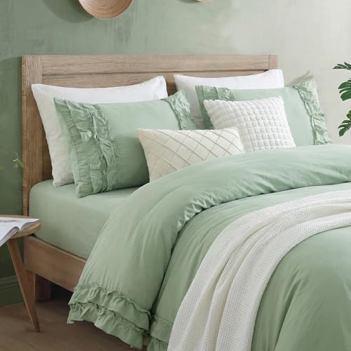 Bedorm Sage Green Comforter Queen Ruffled Bedding Set Light Green Ruffle Boho Bedroom Decor Super Soft Cozy Farmhouse Style Shabby Chic Comforter Set