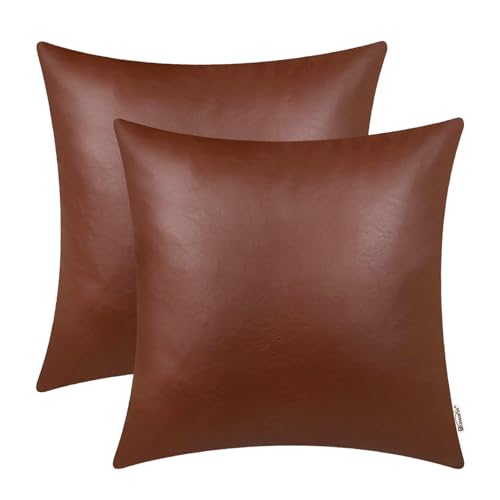 BRAWARM Pack of 2 Cozy Light Brown Faux Leather Cushion Covers Cases, Soft Leather Throw Pillow Covers Cases 55cm x 55cm, for Couch Sofa Home Decoration.