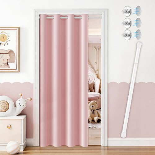 Vatge Door Curtains for Doorways Privacy, Curtains for Closets Without Doors, Temporary Door for Bedroom Hallway Curtain Room Dividers, W42 x L80, Pink, 1 Panel with Rod
