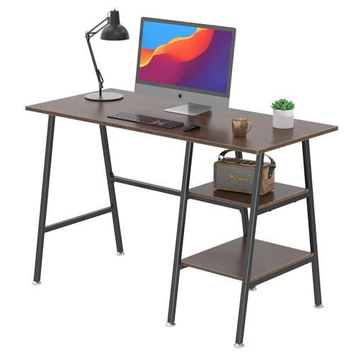 VECELO Computer Home Office Desk, Study Writing Table with 2 Tier Storage Shelves on Left or Right, 109cm, Brown