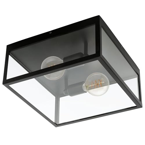 Eglo Ceiling Lamp Charterhouse, 2-Light Vintage Ceiling Fixture, Material: Steel, Colour: Black, Glass: Clear, Socket: E27