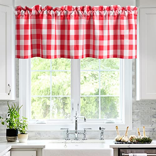 Hiasan Buffalo Plaid Kitchen Curtains Valances for Windows - Red and White Christmas Semi Sheer Checkered Rod Pocket Valance for Living Room, Farmhouse, Bedroom, 42 x 18 Inches Length, 1 Panel