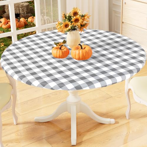 "misaya Round Fitted Tablecloth with Elastic Edge, Buffalo Plaid Waterproof Vinyl Flannel Backed Table Cloth Cover Fits 57""-66"" Round Tables for Dinner, Outdoor, Picnic, Grey White Check"