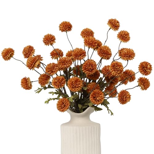 DuHouse 6pcs Faux Silk Pompon Mum Small Chrysanthemum Ball Burnt Orange - Faux silk chrysanthemum balls with stems, ideal for DIY wedding, vase, home table & kitchen decoration