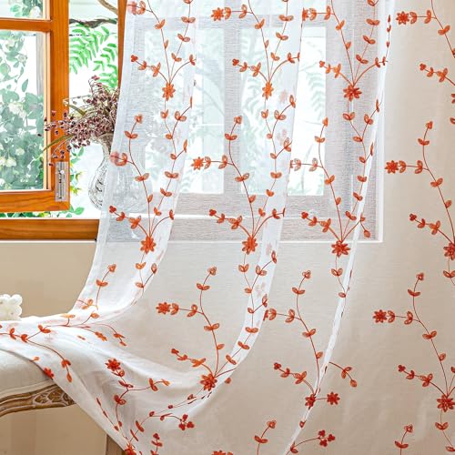 AmHoo 2 Panels Leaf Flora Embroidered Farmhouse Semi Sheer Curtain Voile Curtains for Living Room Bedroom Window Treatment White Burnt Orange 53 x 63 Inch